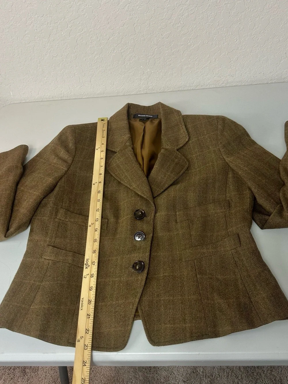 Ellen Tracy Classic 100% Wool Structured Silhouette Brown Plaid Blazer Size 10